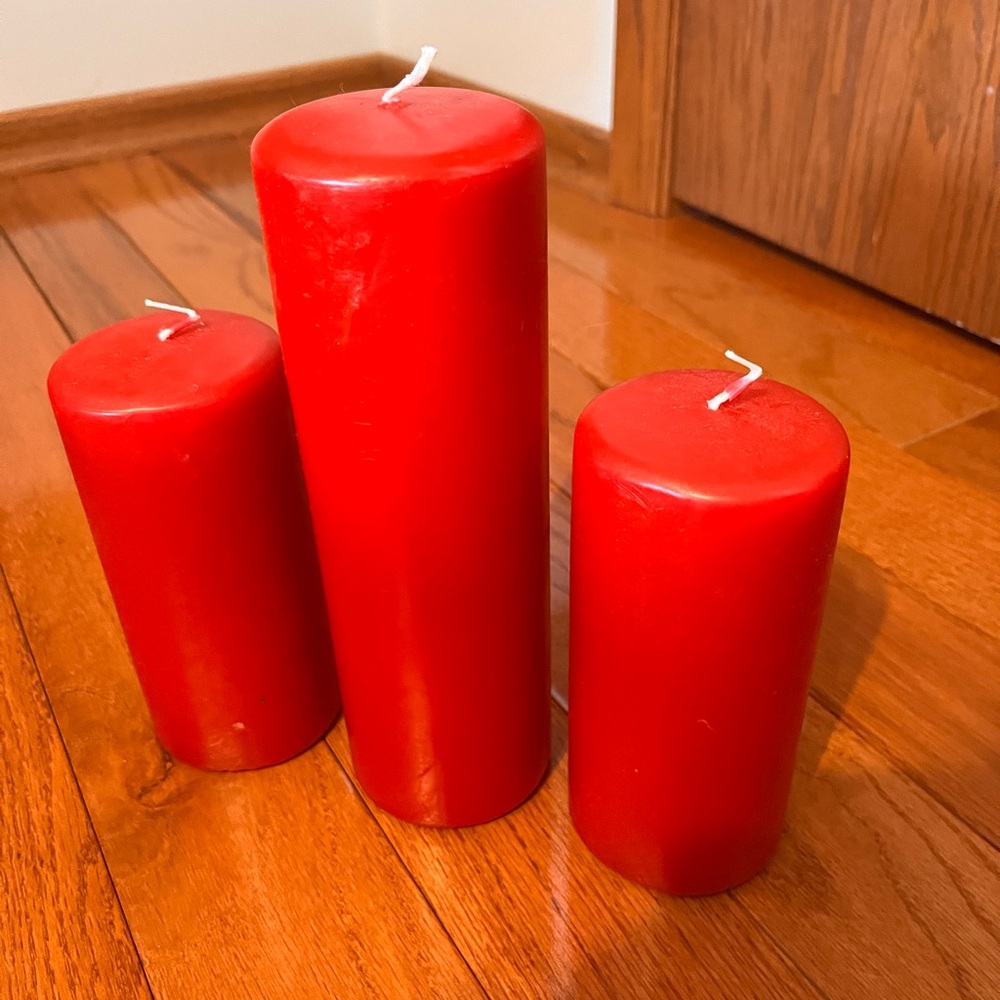 Set of 3 All Red Pillar Candles - Like New, Never Burned, only used in a display